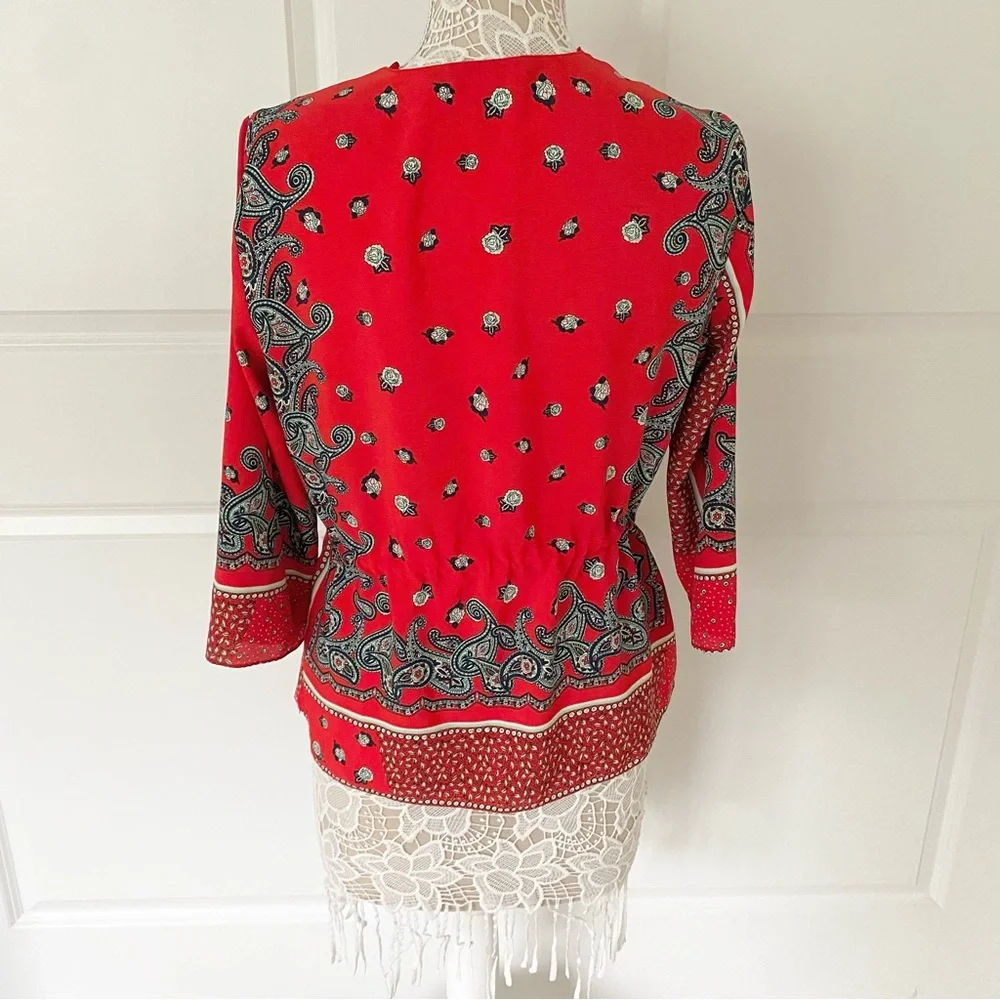 Zara Asymmetric Boho Bandana Paisley Tie Front Top - Picture 9 of 12